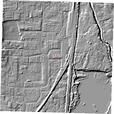 Shaded relief map of the ground around EN88UG, computed from Environment Agency LiDAR. The ground here sits at about 20 m above sea level and falls 6 m across the surrounding 800 m. Surface water reaching this point runs off ground lying to the west-south-west, 2.5 m higher.