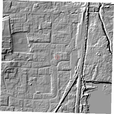 Shaded relief map of the ground around EN88UH, computed from Environment Agency LiDAR. The ground here sits at about 20 m above sea level and falls 8 m across the surrounding 800 m. Surface water reaching this point runs off ground lying to the west-north-west, 6.3 m higher.