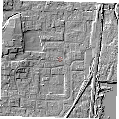 Shaded relief map of the ground around EN88UJ, computed from Environment Agency LiDAR. The ground here sits at about 20 m above sea level and falls 8 m across the surrounding 800 m. Surface water reaching this point runs off ground lying to the west, 1.5 m higher.