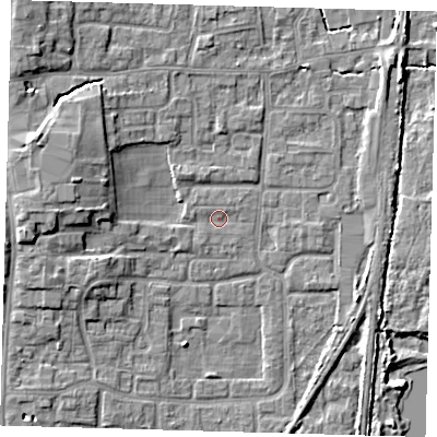 Shaded relief map of the ground around EN88UL, computed from Environment Agency LiDAR. The ground here sits at about 20 m above sea level and falls 8 m across the surrounding 800 m. Surface water reaching this point runs off ground lying to the west-north-west, 6.4 m higher.