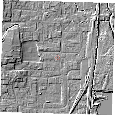 Shaded relief map of the ground around EN88UN, computed from Environment Agency LiDAR. The ground here sits at about 20 m above sea level and falls 8 m across the surrounding 800 m. Surface water reaching this point runs off ground lying to the west-north-west, 1.7 m higher.