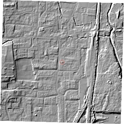 Shaded relief map of the ground around EN88UP, computed from Environment Agency LiDAR. The ground here sits at about 21 m above sea level and falls 8 m across the surrounding 800 m. Surface water reaching this point runs off ground lying to the west, 6.0 m higher.