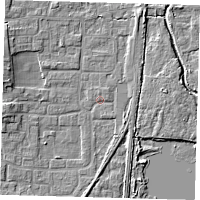 Shaded relief map of the ground around EN88UQ, computed from Environment Agency LiDAR. The ground here sits at about 20 m above sea level and falls 7 m across the surrounding 800 m. Surface water reaching this point runs off ground lying to the west, 5.7 m higher.