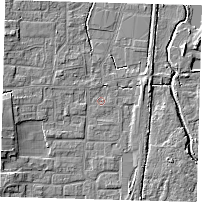 Shaded relief map of the ground around EN88UT, computed from Environment Agency LiDAR. The ground here sits at about 21 m above sea level and falls 8 m across the surrounding 800 m. Surface water reaching this point runs off ground lying to the north-north-east, 1.7 m higher.