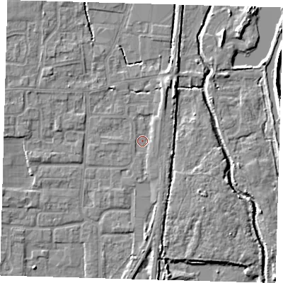 Shaded relief map of the ground around EN88UU, computed from Environment Agency LiDAR. The ground here sits at about 20 m above sea level and falls 7 m across the surrounding 800 m. Surface water reaching this point runs off ground lying to the north-north-east, 3.0 m higher.