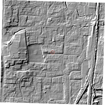 Shaded relief map of the ground around EN88UW, computed from Environment Agency LiDAR. The ground here sits at about 21 m above sea level and falls 8 m across the surrounding 800 m. Surface water reaching this point runs off ground lying to the west, 1.6 m higher.