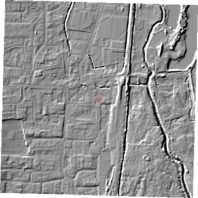 Shaded relief map of the ground around EN88UX, computed from Environment Agency LiDAR. The ground here sits at about 20 m above sea level and falls 5 m across the surrounding 800 m. Surface water reaching this point runs off ground lying to the east-north-east, 3.0 m higher.