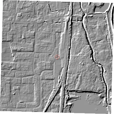 Shaded relief map of the ground around EN88UY, computed from Environment Agency LiDAR. The ground here sits at about 20 m above sea level and falls 7 m across the surrounding 800 m. Surface water reaching this point runs off ground lying to the north-north-east, 1.7 m higher.
