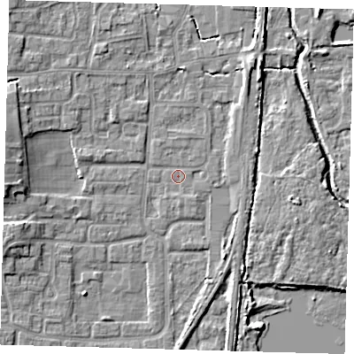 Shaded relief map of the ground around EN88UZ, computed from Environment Agency LiDAR. The ground here sits at about 20 m above sea level and falls 7 m across the surrounding 800 m. Surface water reaching this point runs off ground lying to the north-east, 3.0 m higher.