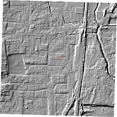 Shaded relief map of the ground around EN88XA, computed from Environment Agency LiDAR. The ground here sits at about 21 m above sea level and falls 7 m across the surrounding 800 m. The ground contributing surface water to this point lies to the west.