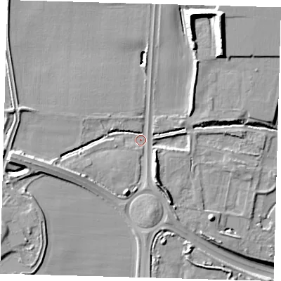 Shaded relief map of the ground around EN88YA, computed from Environment Agency LiDAR. The ground here sits at about 27 m above sea level and falls 20 m across the surrounding 800 m. Surface water reaching this point runs off ground lying to the west, 11.1 m higher.