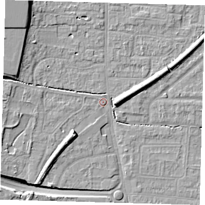 Shaded relief map of the ground around EN88YB, computed from Environment Agency LiDAR. The ground here sits at about 22 m above sea level and falls 14 m across the surrounding 800 m. Surface water reaching this point runs off ground lying to the west, 4.9 m higher.