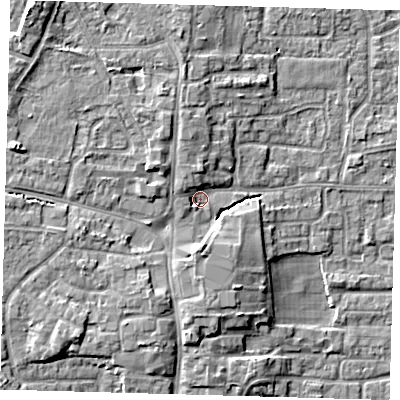Shaded relief map of the ground around EN89AA, computed from Environment Agency LiDAR. The ground here sits at about 24 m above sea level and falls 10 m across the surrounding 800 m. Surface water reaching this point runs off ground lying to the north-north-west, 2.8 m higher.