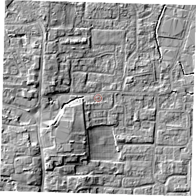 Shaded relief map of the ground around EN89AB, computed from Environment Agency LiDAR. The ground here sits at about 22 m above sea level and falls 8 m across the surrounding 800 m. Surface water reaching this point runs off ground lying to the west-north-west, 5.5 m higher.