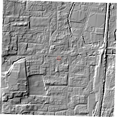 Shaded relief map of the ground around EN89AD, computed from Environment Agency LiDAR. The ground here sits at about 21 m above sea level and falls 8 m across the surrounding 800 m. Surface water reaching this point runs off ground lying to the west-north-west, 4.9 m higher.