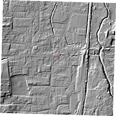Shaded relief map of the ground around EN89AE, computed from Environment Agency LiDAR. The ground here sits at about 21 m above sea level and falls 8 m across the surrounding 800 m. Surface water reaching this point runs off ground lying to the north-east, 1.7 m higher.