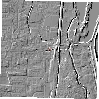 Shaded relief map of the ground around EN89AF, computed from Environment Agency LiDAR. The ground here sits at about 21 m above sea level and falls 8 m across the surrounding 800 m. Surface water reaching this point runs off ground lying to the east-north-east, 1.9 m higher.