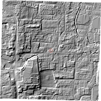 Shaded relief map of the ground around EN89AG, computed from Environment Agency LiDAR. The ground here sits at about 22 m above sea level and falls 8 m across the surrounding 800 m. Surface water reaching this point runs off ground lying to the west, 5.5 m higher.