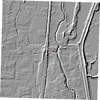 Shaded relief map of the ground around EN89AJ, computed from Environment Agency LiDAR. The ground here sits at about 20 m above sea level and falls 8 m across the surrounding 800 m. Surface water reaching this point runs off ground lying to the south-south-west, 3.7 m higher.