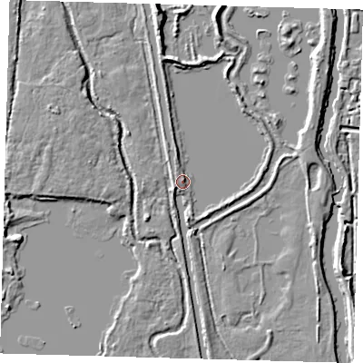 Shaded relief map of the ground around EN89AN, computed from Environment Agency LiDAR. The ground here sits at about 21 m above sea level and falls 9 m across the surrounding 800 m. Surface water reaching this point runs off ground lying to the north-north-west, 2.8 m higher.