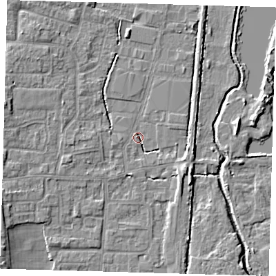 Shaded relief map of the ground around EN89AP, computed from Environment Agency LiDAR. The ground here sits at about 20 m above sea level and falls 7 m across the surrounding 800 m. Surface water reaching this point runs off ground lying to the south-east, 3.7 m higher.