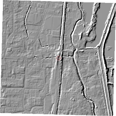 Shaded relief map of the ground around EN89AQ, computed from Environment Agency LiDAR. The ground here sits at about 22 m above sea level and falls 8 m across the surrounding 800 m. Surface water reaching this point runs off ground lying to the north, 1.4 m higher.