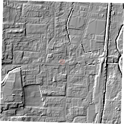 Shaded relief map of the ground around EN89AR, computed from Environment Agency LiDAR. The ground here sits at about 21 m above sea level and falls 8 m across the surrounding 800 m. Surface water reaching this point runs off ground lying to the west, 4.7 m higher.