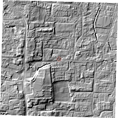 Shaded relief map of the ground around EN89AS, computed from Environment Agency LiDAR. The ground here sits at about 22 m above sea level and falls 8 m across the surrounding 800 m. Surface water reaching this point runs off ground lying to the west, 5.5 m higher.