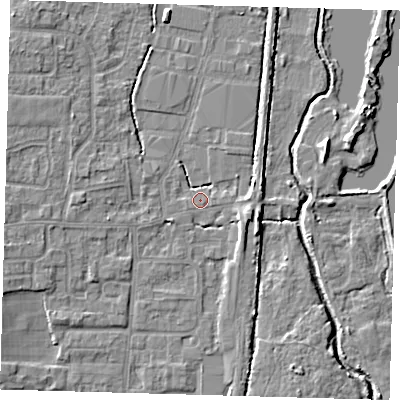 Shaded relief map of the ground around EN89AW, computed from Environment Agency LiDAR. The ground here sits at about 21 m above sea level and falls 5 m across the surrounding 800 m. Surface water reaching this point runs off ground lying to the east-south-east, 2.0 m higher.