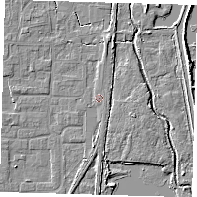 Shaded relief map of the ground around EN89AX, computed from Environment Agency LiDAR. The ground here sits at about 21 m above sea level and falls 8 m across the surrounding 800 m. Surface water reaching this point runs off ground lying to the north, 1.7 m higher.