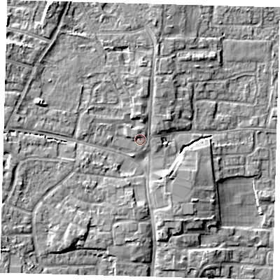 Shaded relief map of the ground around EN89BA, computed from Environment Agency LiDAR. The ground here sits at about 25 m above sea level and falls 9 m across the surrounding 800 m. Surface water reaching this point runs off ground lying to the north-west, 1.6 m higher.