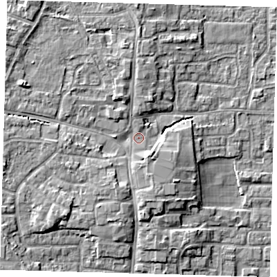Shaded relief map of the ground around EN89BW, computed from Environment Agency LiDAR. The ground here sits at about 24 m above sea level and falls 9 m across the surrounding 800 m. Surface water reaching this point runs off ground lying to the north-west, 4.2 m higher.