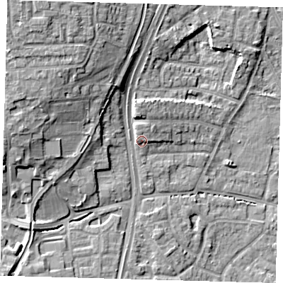 Shaded relief map of the ground around EN89EY, computed from Environment Agency LiDAR. The ground here sits at about 30 m above sea level and falls 15 m across the surrounding 800 m. Surface water reaching this point runs off ground lying to the north, 3.4 m higher.