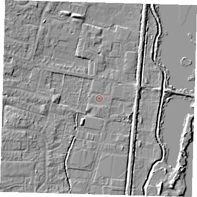 Shaded relief map of the ground around EN89FN, computed from Environment Agency LiDAR. The ground here sits at about 21 m above sea level and falls 5 m across the surrounding 800 m. Surface water reaching this point runs off ground lying to the north-east, 2.2 m higher.