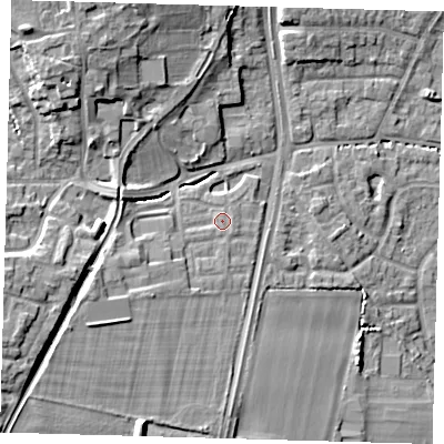 Shaded relief map of the ground around EN89FP, computed from Environment Agency LiDAR. The ground here sits at about 30 m above sea level and falls 13 m across the surrounding 800 m. Surface water reaching this point runs off ground lying to the west-south-west, 4.7 m higher.
