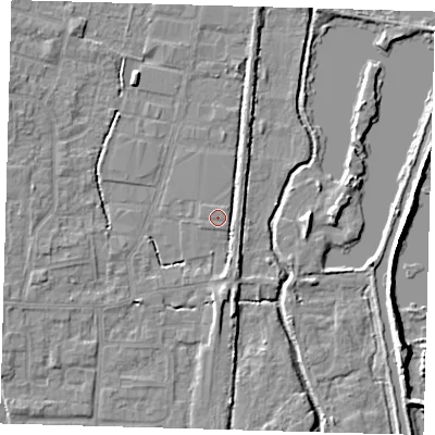 Shaded relief map of the ground around EN89FT, computed from Environment Agency LiDAR. The ground here sits at about 21 m above sea level and falls 8 m across the surrounding 800 m. Surface water reaching this point runs off ground lying to the east, 2.5 m higher.