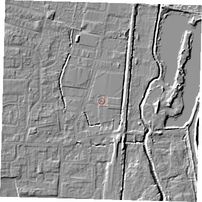 Shaded relief map of the ground around EN89GB, computed from Environment Agency LiDAR. The ground here sits at about 20 m above sea level and falls 7 m across the surrounding 800 m. Surface water reaching this point runs off ground lying to the south-south-east, 3.7 m higher.