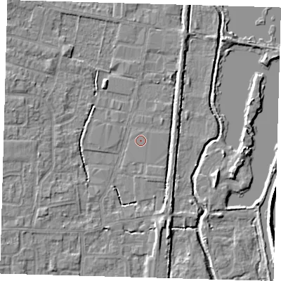 Shaded relief map of the ground around EN89GD, computed from Environment Agency LiDAR. The ground here sits at about 21 m above sea level and falls 7 m across the surrounding 800 m. Surface water reaching this point runs off ground lying to the west-north-west, 3.8 m higher.