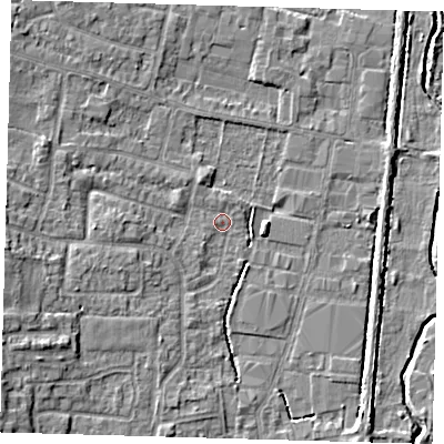 Shaded relief map of the ground around EN89HS, computed from Environment Agency LiDAR. The ground here sits at about 21 m above sea level and falls 7 m across the surrounding 800 m. Surface water reaching this point runs off ground lying to the west, 6.2 m higher.