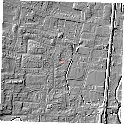 Shaded relief map of the ground around EN89HT, computed from Environment Agency LiDAR. The ground here sits at about 20 m above sea level and falls 7 m across the surrounding 800 m. Surface water reaching this point runs off ground lying to the west, 6.1 m higher.