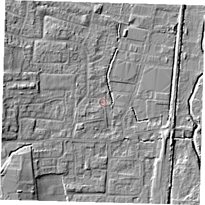 Shaded relief map of the ground around EN89HY, computed from Environment Agency LiDAR. The ground here sits at about 21 m above sea level and falls 8 m across the surrounding 800 m. Surface water reaching this point runs off ground lying to the west-south-west, 1.7 m higher.