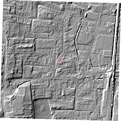 Shaded relief map of the ground around EN89HZ, computed from Environment Agency LiDAR. The ground here sits at about 22 m above sea level and falls 8 m across the surrounding 800 m. Surface water reaching this point runs off ground lying to the south-east, 0.7 m higher.