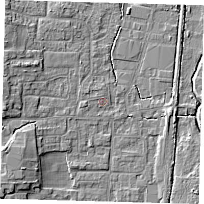 Shaded relief map of the ground around EN89JA, computed from Environment Agency LiDAR. The ground here sits at about 21 m above sea level and falls 8 m across the surrounding 800 m. Surface water reaching this point runs off ground lying to the west-north-west, 0.8 m higher.