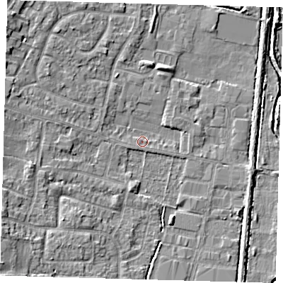 Shaded relief map of the ground around EN89JH, computed from Environment Agency LiDAR. The ground here sits at about 21 m above sea level and falls 7 m across the surrounding 800 m. Surface water reaching this point runs off ground lying to the west-south-west, 0.9 m higher.