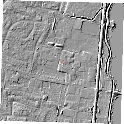 Shaded relief map of the ground around EN89JJ, computed from Environment Agency LiDAR. The ground here sits at about 22 m above sea level and falls 6 m across the surrounding 800 m. Surface water reaching this point runs off ground lying to the north-north-west, 1.4 m higher.