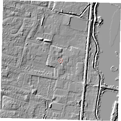 Shaded relief map of the ground around EN89JL, computed from Environment Agency LiDAR. The ground here sits at about 21 m above sea level and falls 5 m across the surrounding 800 m. Surface water reaching this point runs off ground lying to the north-north-west, 0.9 m higher.