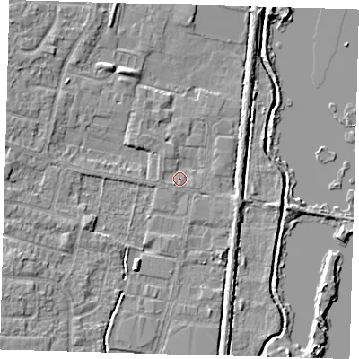 Shaded relief map of the ground around EN89JN, computed from Environment Agency LiDAR. The ground here sits at about 21 m above sea level and falls 5 m across the surrounding 800 m. Surface water reaching this point runs off ground lying to the north-west, 1.0 m higher.