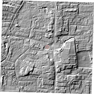 Shaded relief map of the ground around EN89LP, computed from Environment Agency LiDAR. The ground here sits at about 25 m above sea level and falls 10 m across the surrounding 800 m. Surface water reaching this point runs off ground lying to the north-west, 5.2 m higher.