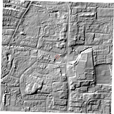 Shaded relief map of the ground around EN89LR, computed from Environment Agency LiDAR. The ground here sits at about 25 m above sea level and falls 10 m across the surrounding 800 m. Surface water reaching this point runs off ground lying to the north-west, 5.5 m higher.