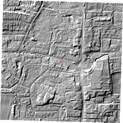 Shaded relief map of the ground around EN89LS, computed from Environment Agency LiDAR. The ground here sits at about 25 m above sea level and falls 10 m across the surrounding 800 m. Surface water reaching this point runs off ground lying to the north-west, 6.1 m higher.